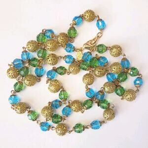Vintage‎ Joan Rivers Beaded Long Necklace Green Blue Gold Tone Filigree 36"